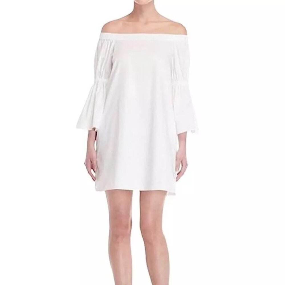 Tibi Mini Shift Dress Off-The-Shoulder Bateau Neck Bell Sleeve Sz 4 White NEW - Picture 12 of 13